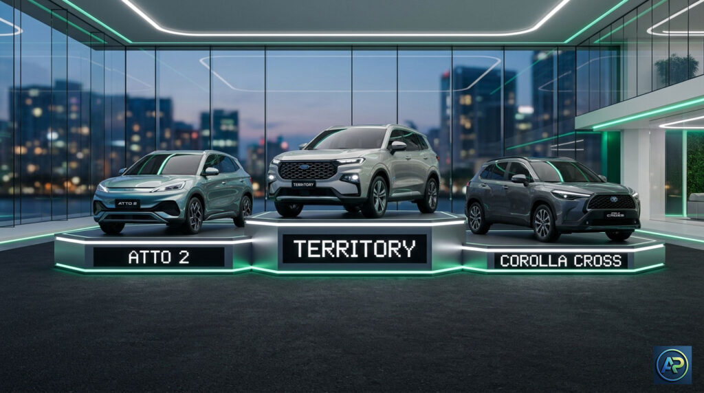 Podio de los autos hibridos mas vendidos en mayo 2026 en Argentina con el Ford Territory, BYD Atto 2 y Toyota Corolla Cross en un salon de exposicion moderno.