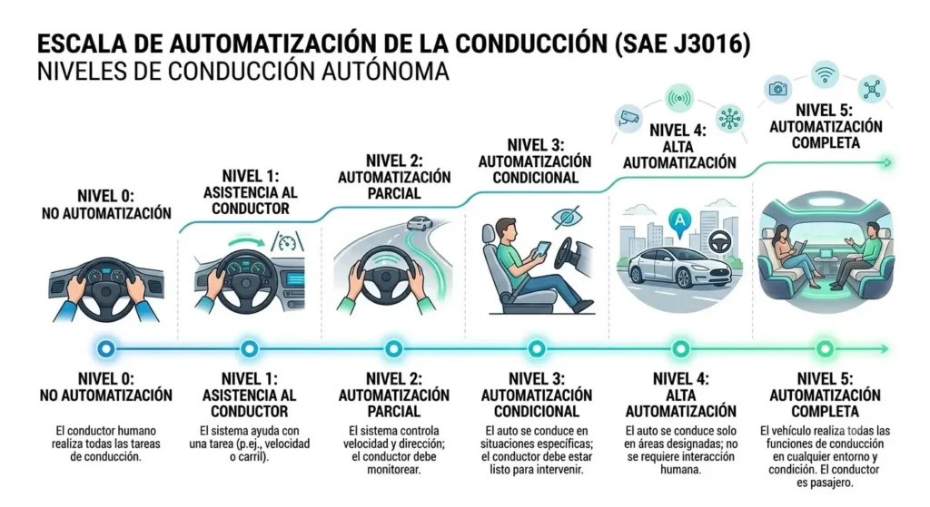 Diagrama explicativo de los niveles de conduccion autonoma sae para seguridad de autos.