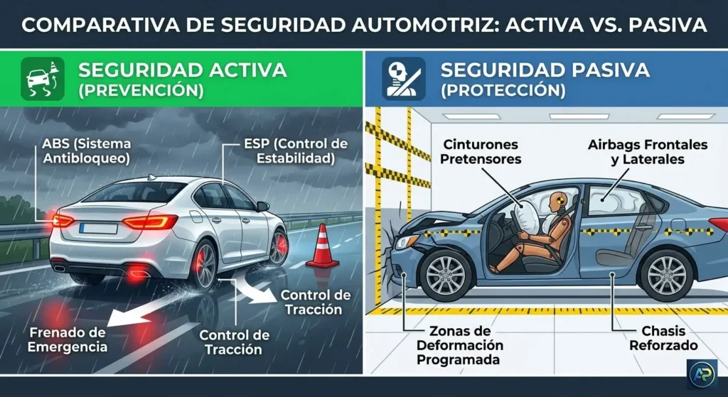 Grafico explicativo sobre la diferencia entre seguridad activa y pasiva de un vehiculo