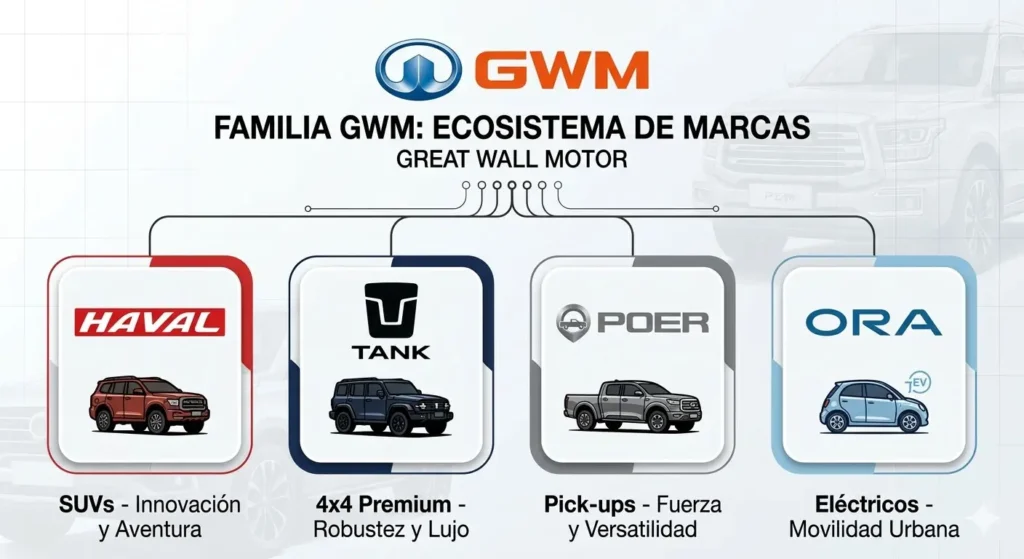 Ecosistema de marcas del grupo Great Wall Motor: Haval, Poer, Tank y Ora.