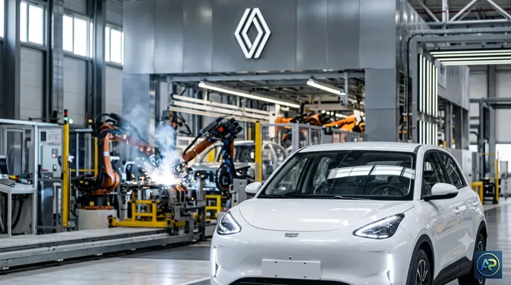 Vista de tres cuartos perfil delantero del nuevo hatchback compacto electrico Geely EX2 que se producira en la planta de Renault en Brasil.