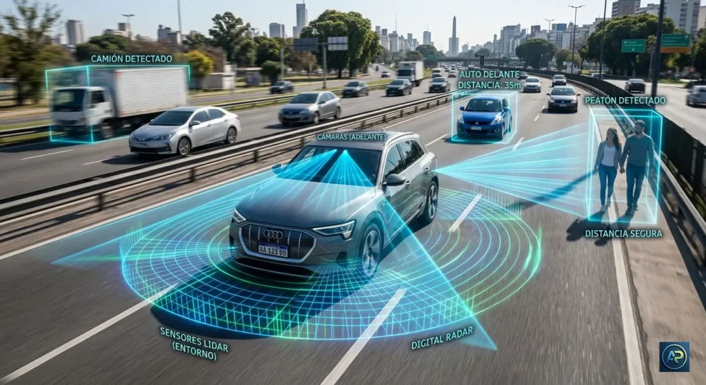 Funcionamiento de un sistema adas automotriz mediante sensores y camaras de seguridad vehicular.