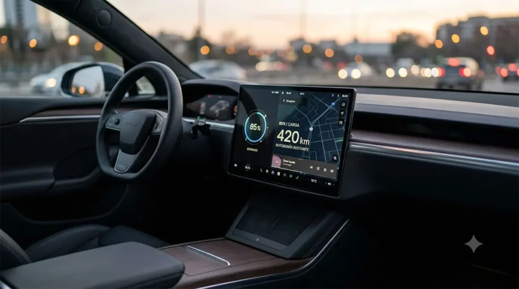 Pantalla digital de auto eléctrico mostrando autonomía en kilómetros y batería