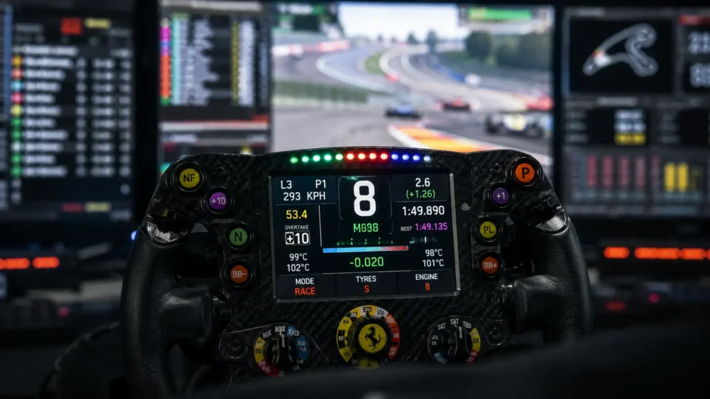 Pantalla de televisión y monitor secundario mostrando la transmisión en vivo y la telemetría de una carrera de Fórmula 1