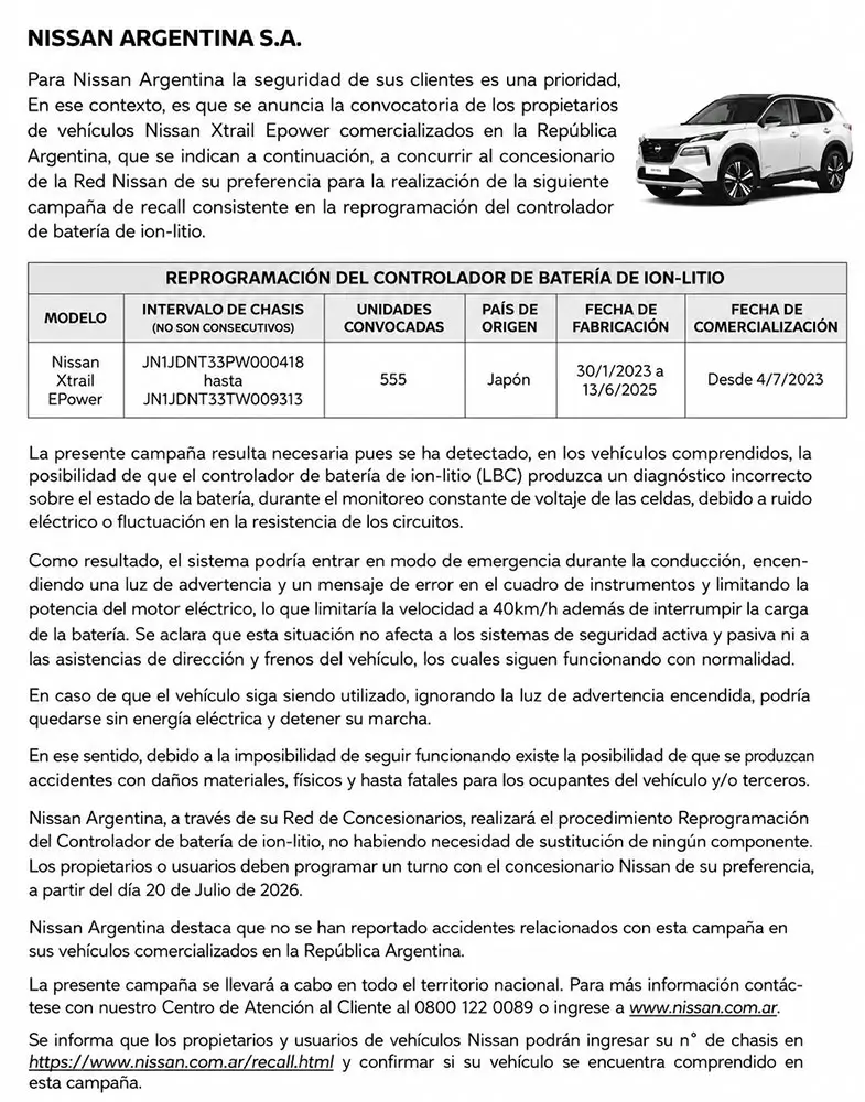 Informacion recall nissan xtrail epower