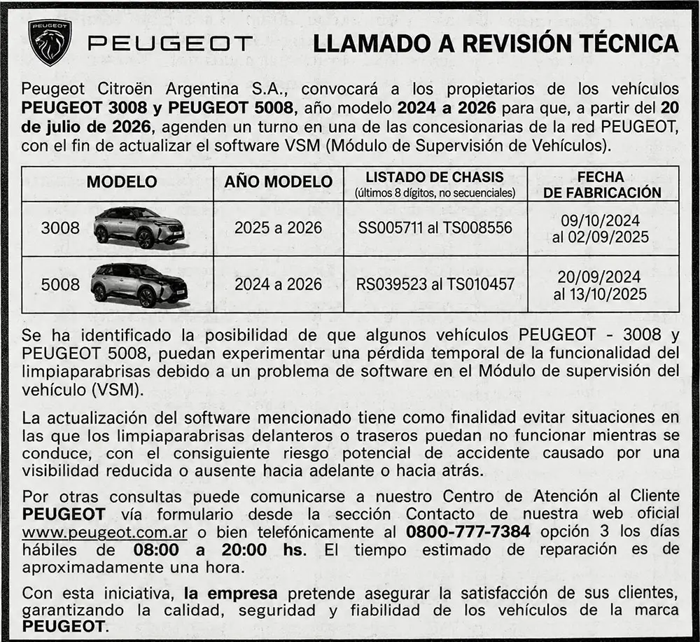 Chasis e informacion sobre el recall de los Peugeot 3008 y 5008