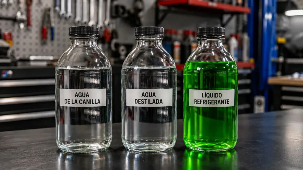 Agua de la canuilla, agua destilada y liquido refrigerante