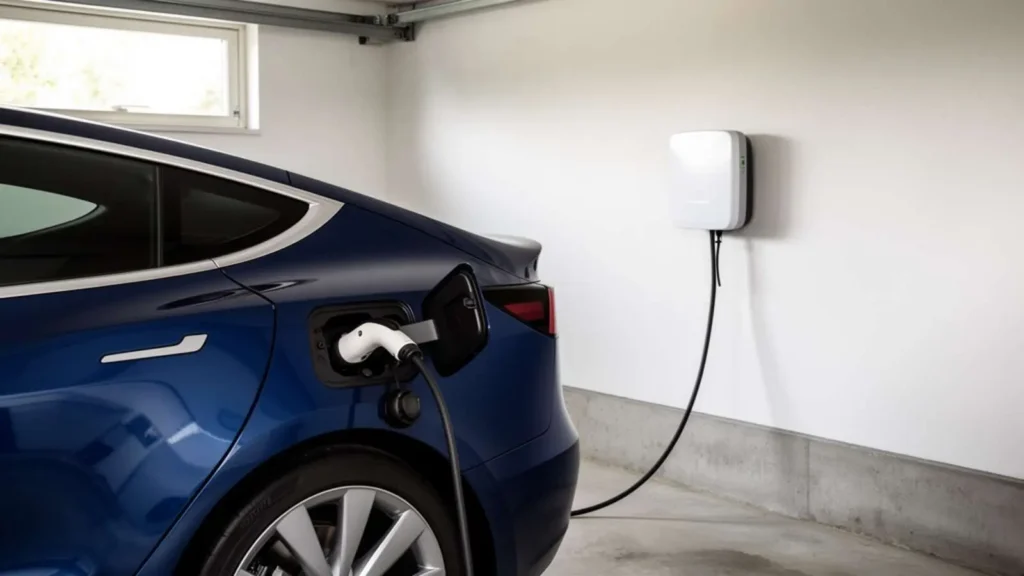 Auto eléctrico conectado a un cargador domiciliario Wallbox en una cochera residencial