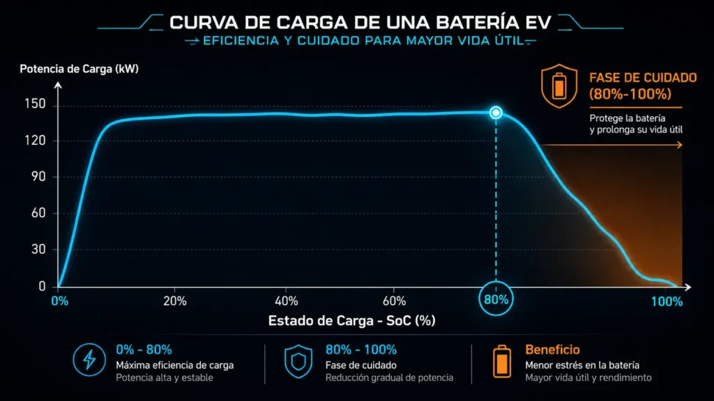 Gráfico explicativo de la curva de carga y desaceleración de potencia al superar el 80 por ciento