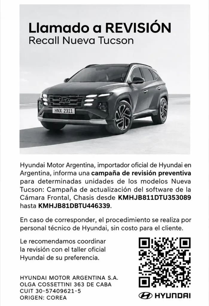 Recall Nueva Hyundai Tucson en Argentina - Falla de software en cámara frontal