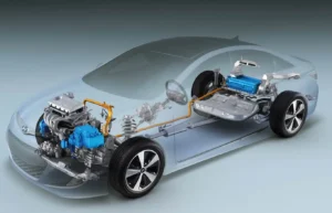 Esquema técnico de la batería de un auto híbrido y su ubicación en el chasis