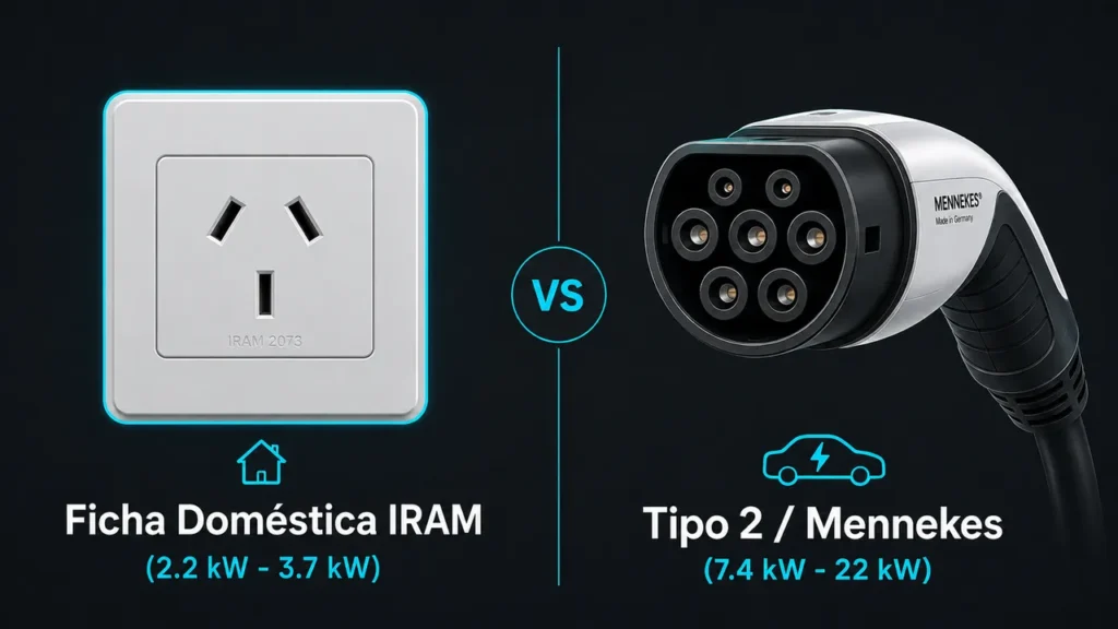 Esquema de conectores y potencias de carga en corriente alterna para vehículos eléctricos
