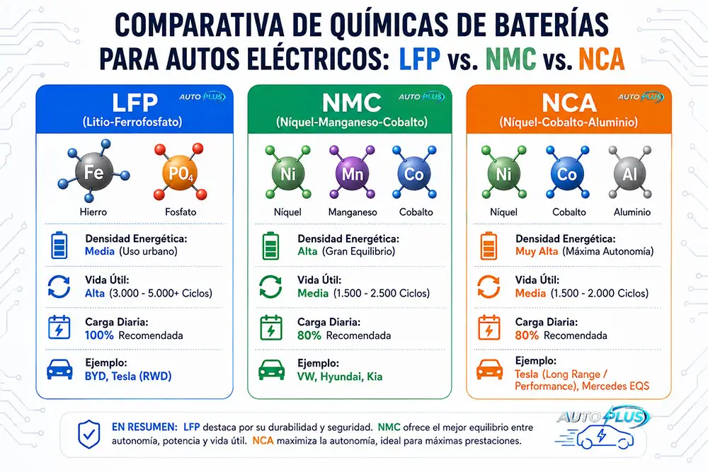 infografia comparativa baterias LFP NMC y NCA autos electricos
